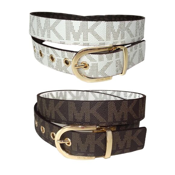Michael Kors Signature Monogram Reversible Belt with Gold Buckle, Large - Picture 1 of 6